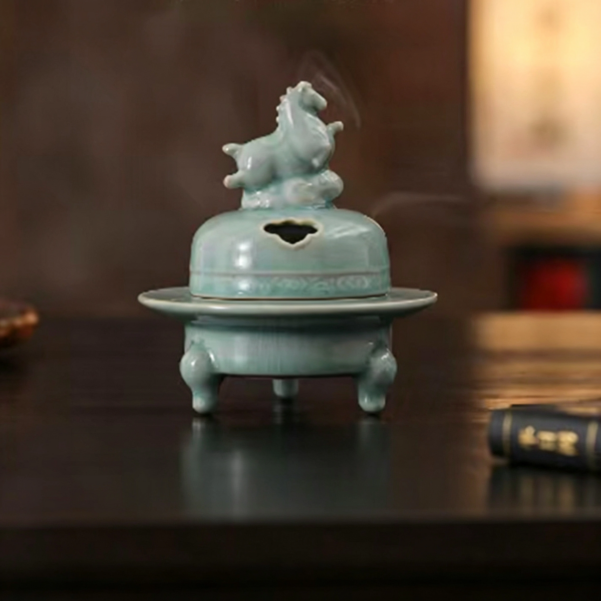 Raw Ore Antique Ru Porcelain Horse & Auspicious Cloud Incense Burner (Large Size)