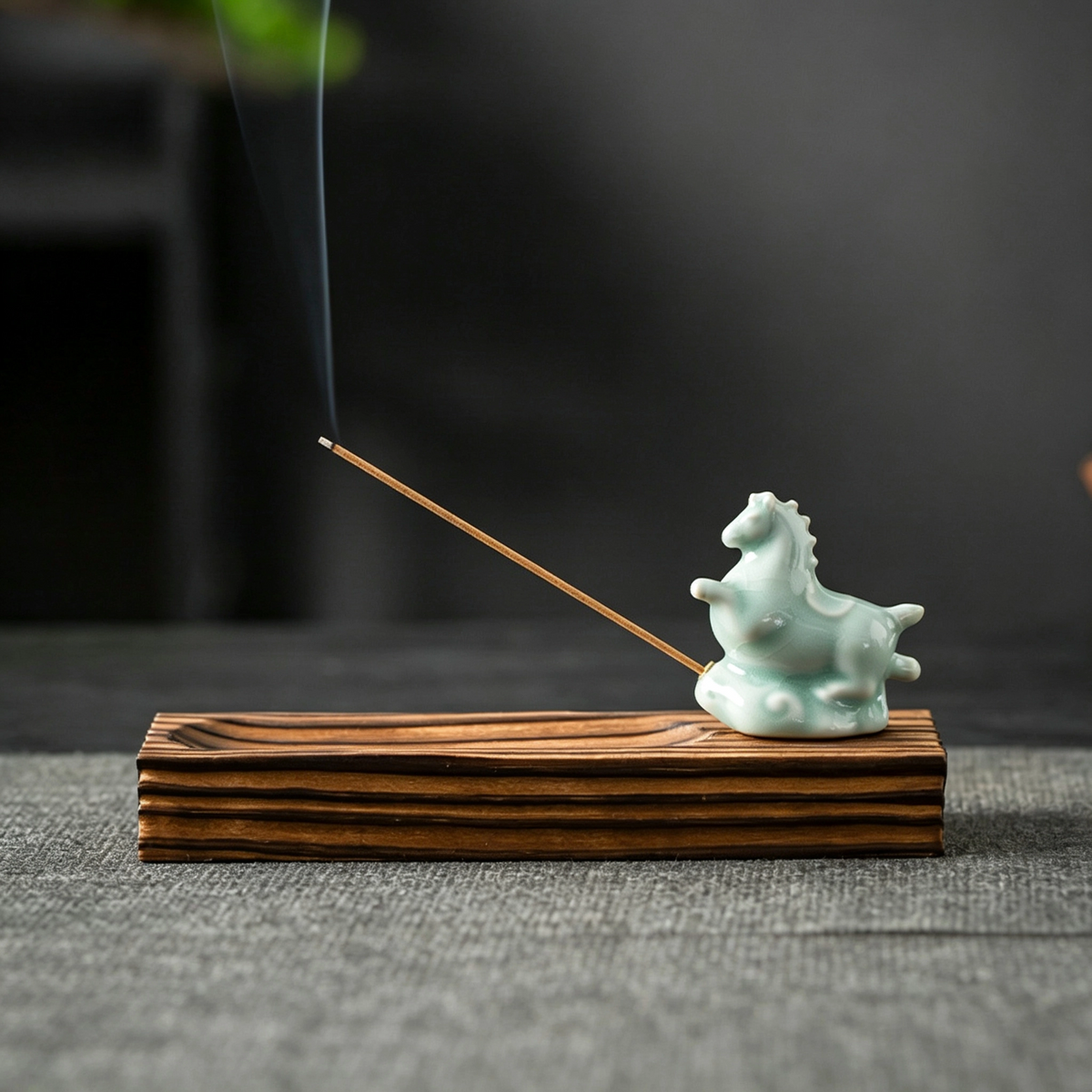 Ru Kiln Horse Treading Auspicious Clouds Incense Holder with Rectangular Wooden Base
