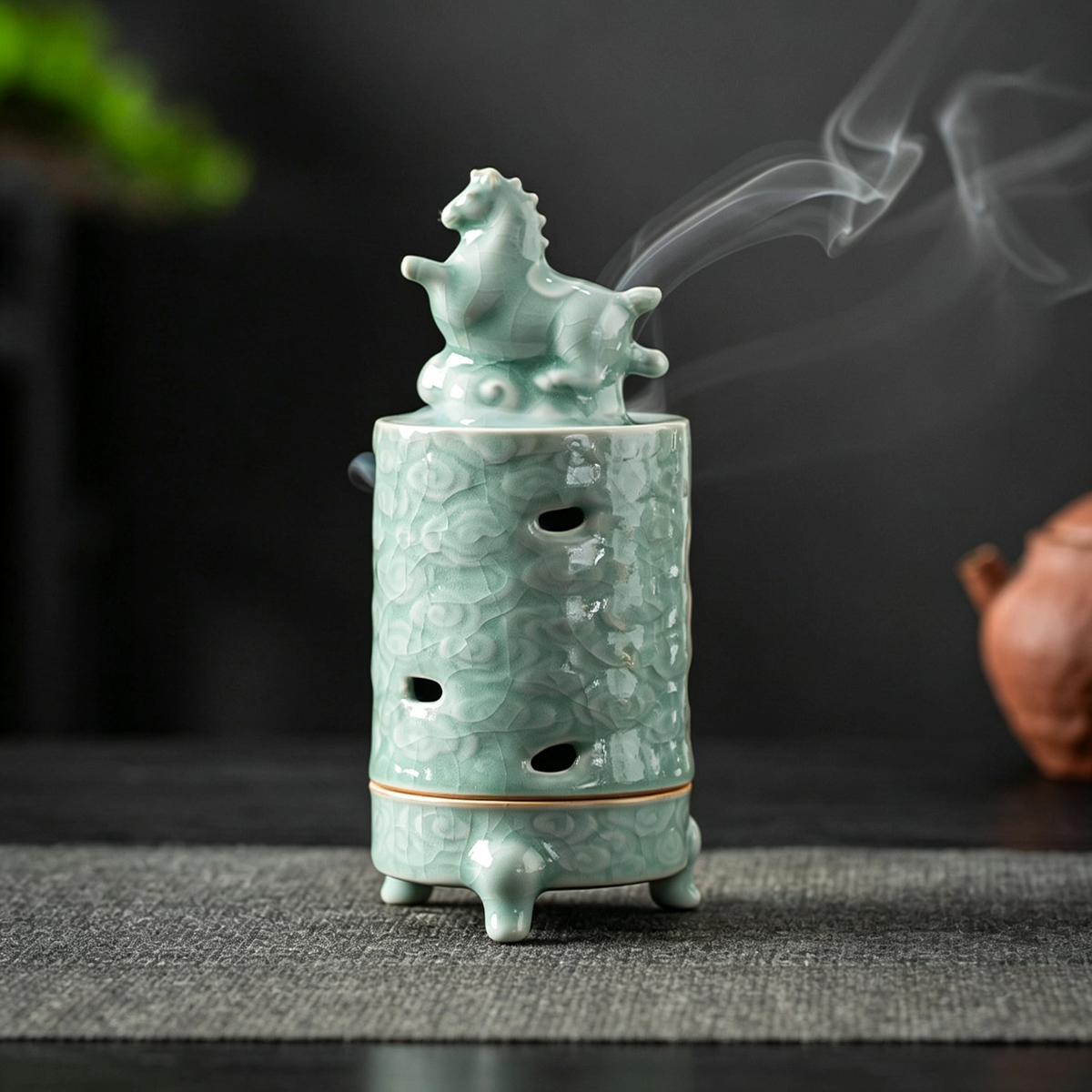 Ru Kiln Horse Treading Auspicious Clouds Incense Burner (For Coil Incense)