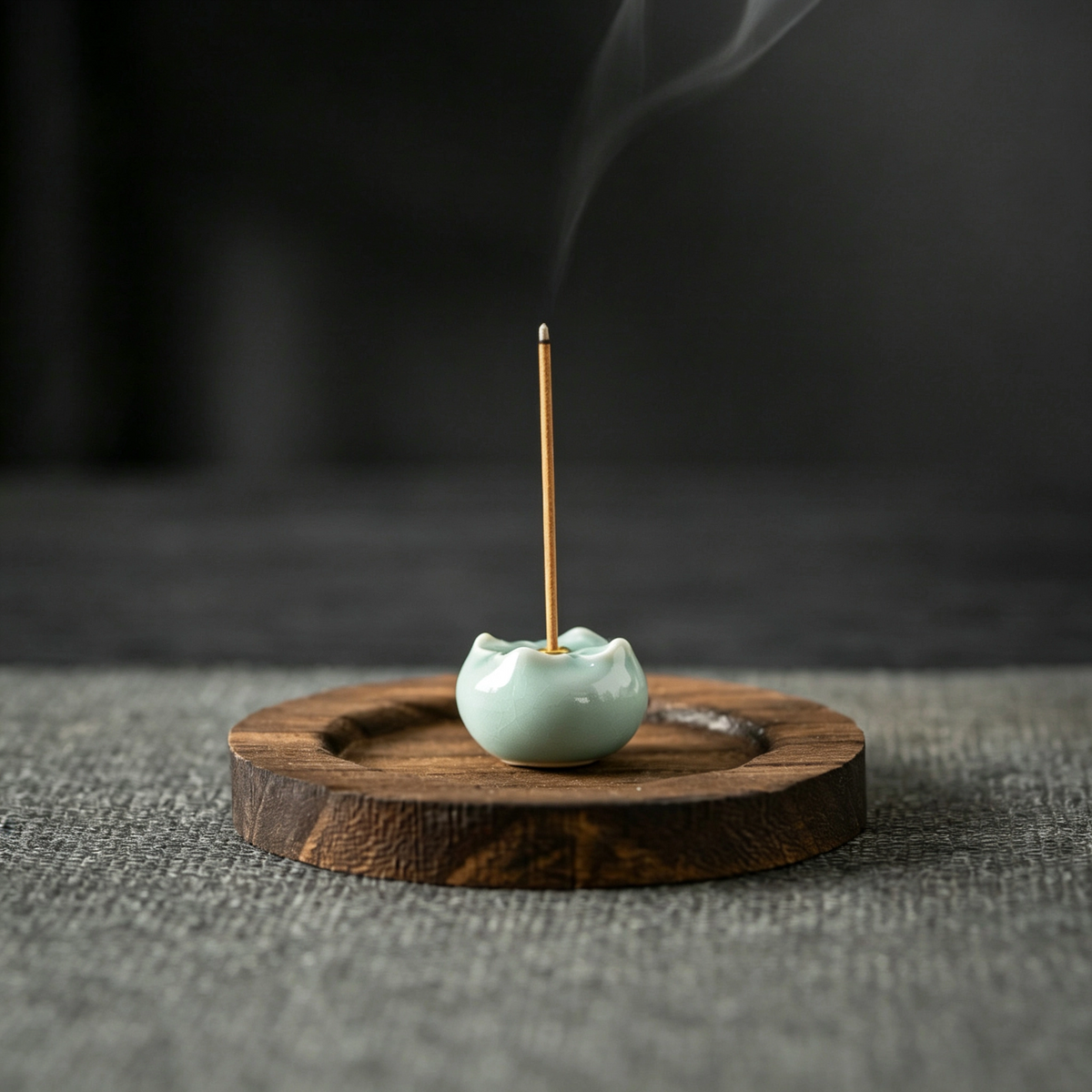 Ru Kiln Small Lotus Incense Holder with Round Wooden Base