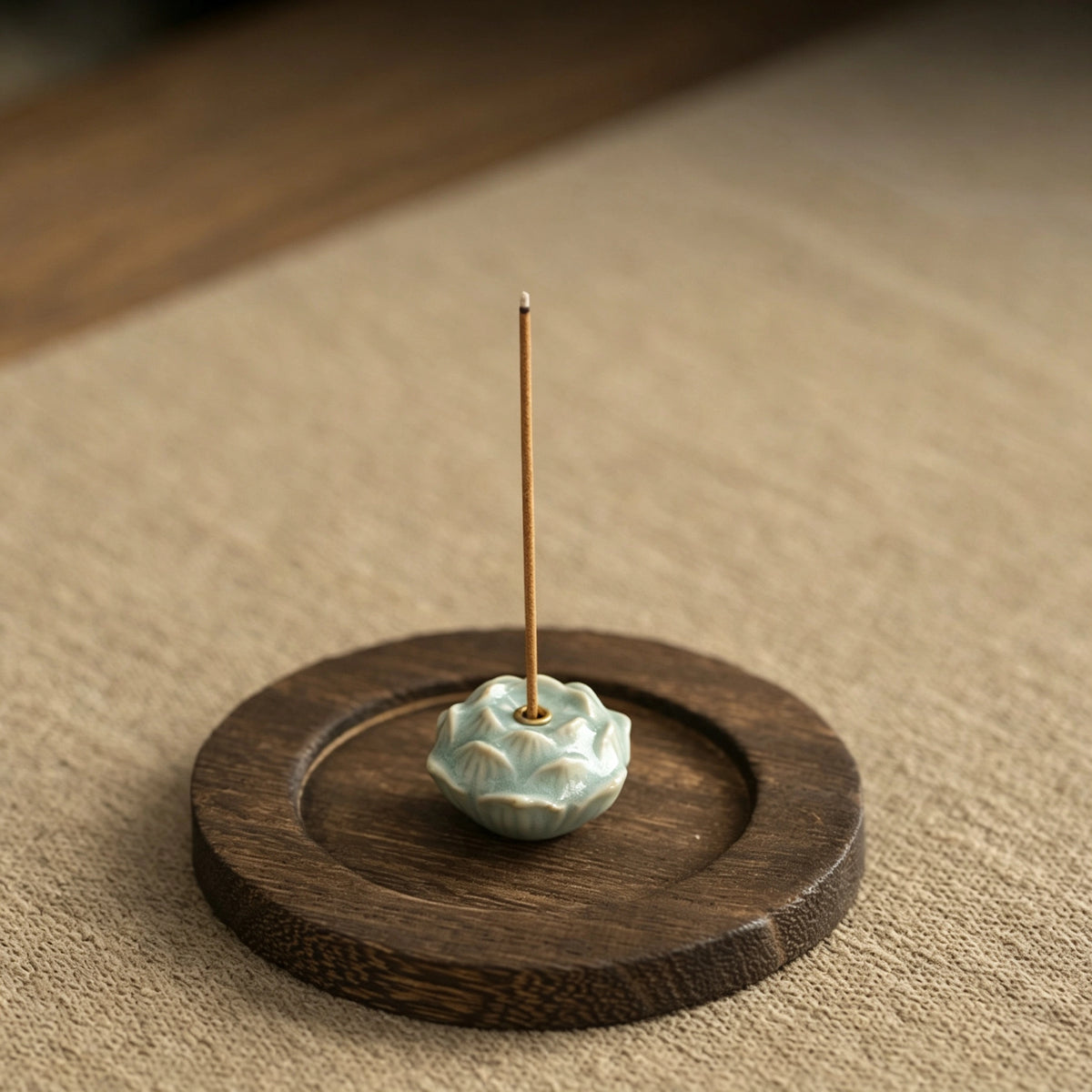 Ru Kiln Lotus Incense Holder with Solid Wood Round Tray