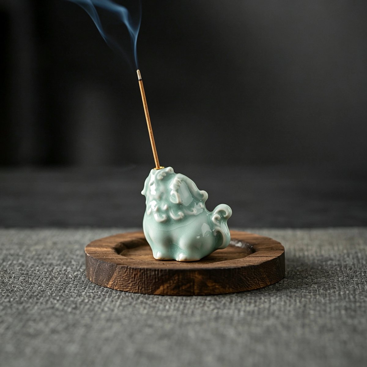 Ru Kiln Heavenly Roar Pixiu Incense Holder with Round Wooden Base