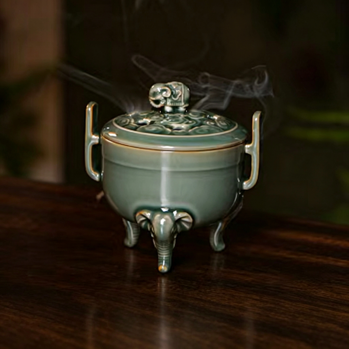 Yue Kiln Celadon Elephant Trunk Tripod Incense Burner