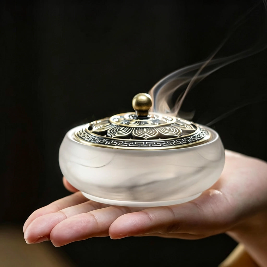 Lotus Lid Ink-Wash Glass Incense Burner